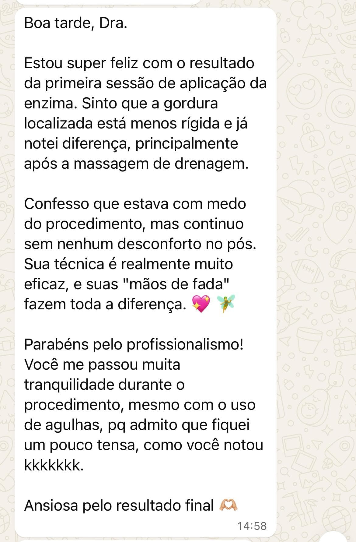 Depoimento sobre aplicação de enzima e profissionalismo